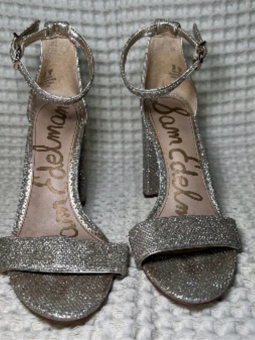 Sam Edelman Silver Glitter Ankle-Strap Block Heels